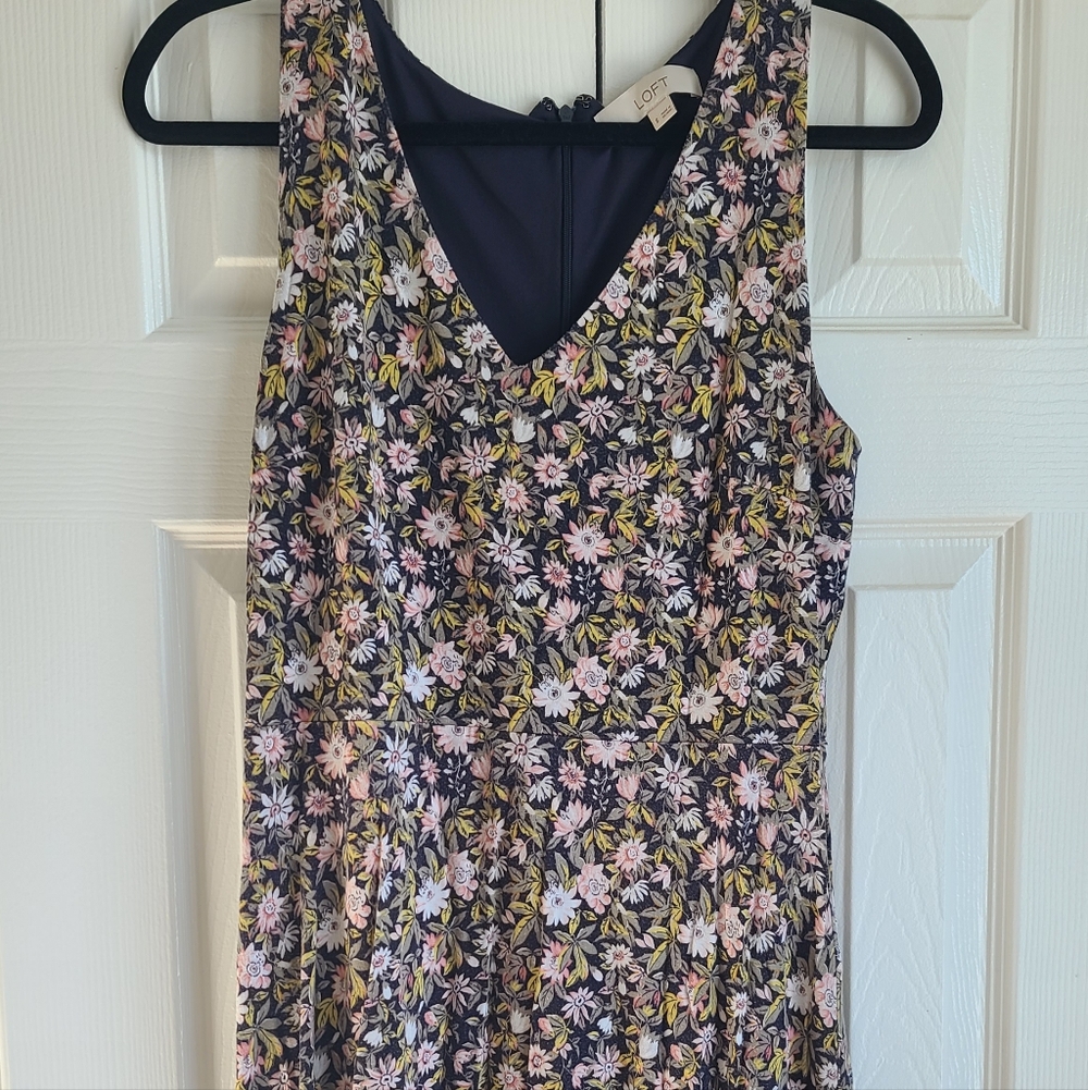 LOFT Floral Midi Dress - Pink, Yellow, White on Black